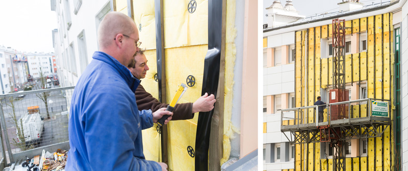 Montage photo présentant le détail d'un ouvrier sur un chantier et la même situation vue de loin